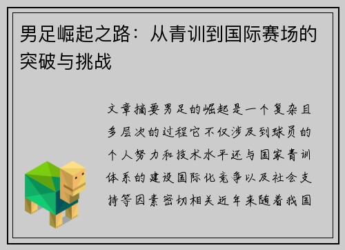 男足崛起之路：从青训到国际赛场的突破与挑战