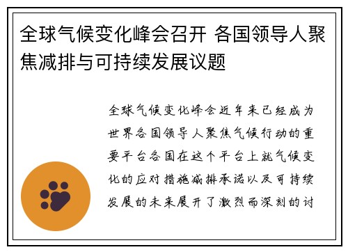 全球气候变化峰会召开 各国领导人聚焦减排与可持续发展议题