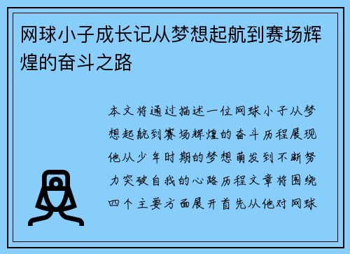网球小子成长记从梦想起航到赛场辉煌的奋斗之路