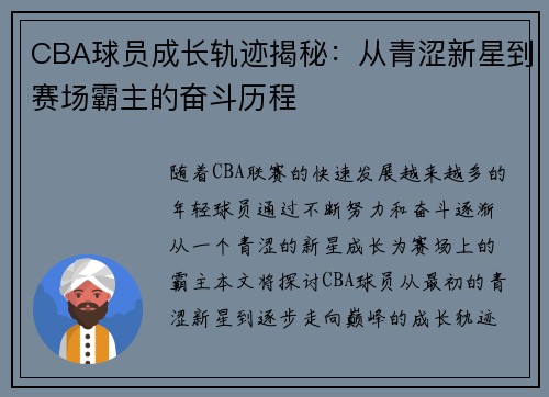 CBA球员成长轨迹揭秘:从青涩新星到赛场霸主的奋斗历程